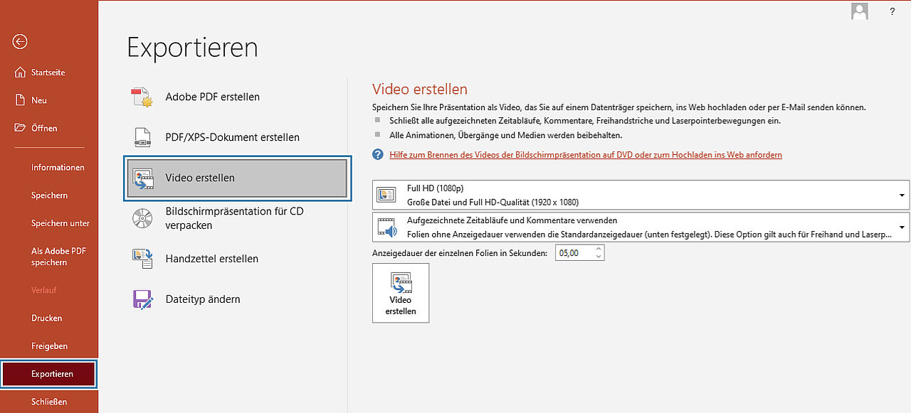 Darstellung der Exportmöglichkeiten für PowerPoint Präsentation