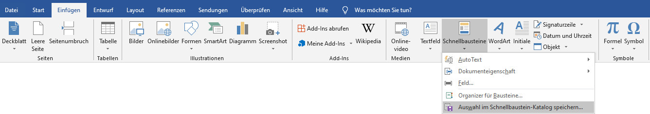 Schnellbausteine im Katalog speichern Schnellbausteine im Katalog speichern