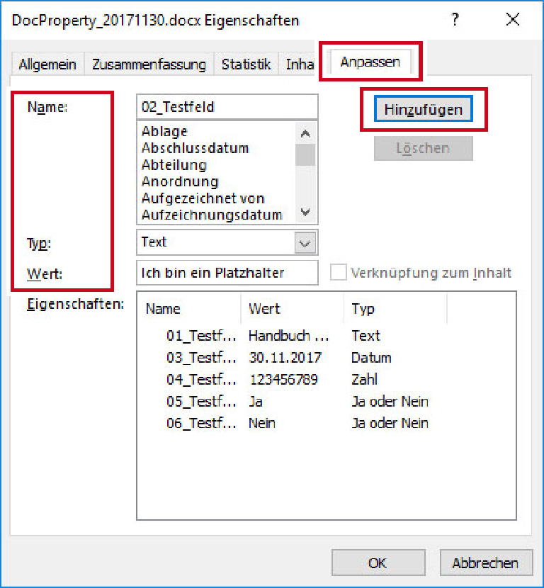 Word 2016 - Dialogfenster Eigenschaften: Feld hinzufügen Word 2016 - Dialogfenster Eigenschaften: Feld hinzufügen