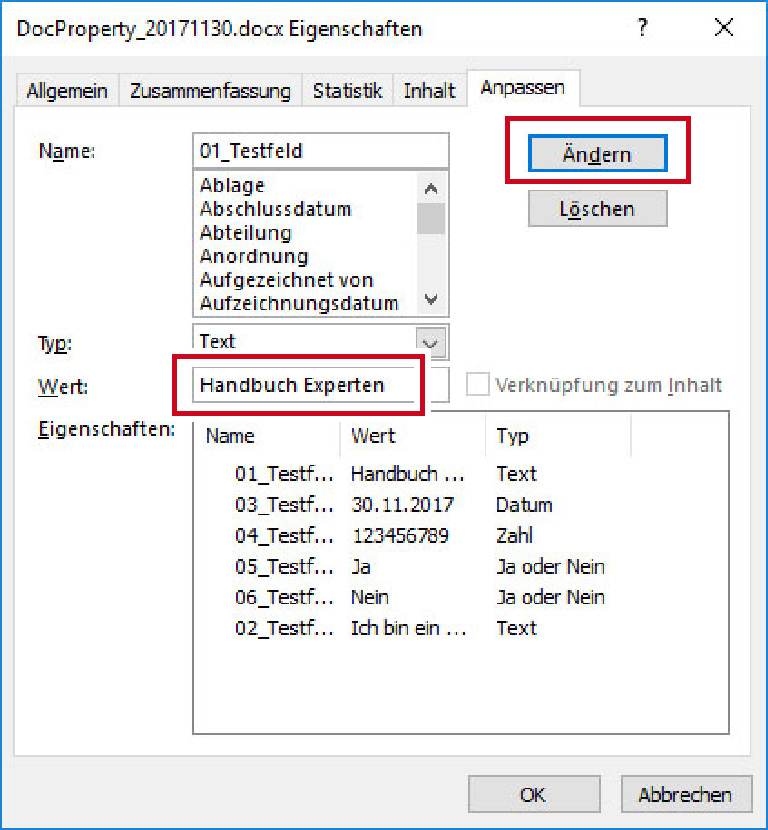 Word 2016 - Dialogfenster Eigenschaften: Feld ändern Word 2016 - Dialogfenster Eigenschaften: Feld ändern